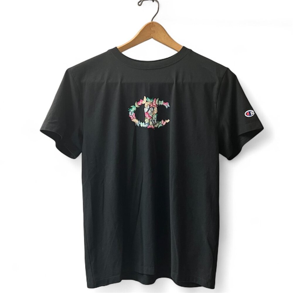 Champion Floral Logo Graphic Tee Black Earth Day Aesthetic - M
